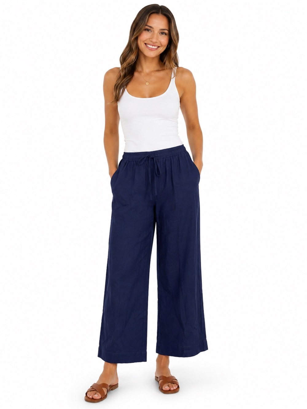 Briggs New York Navy Wide-Leg Drawstring Pants Linen Pants
